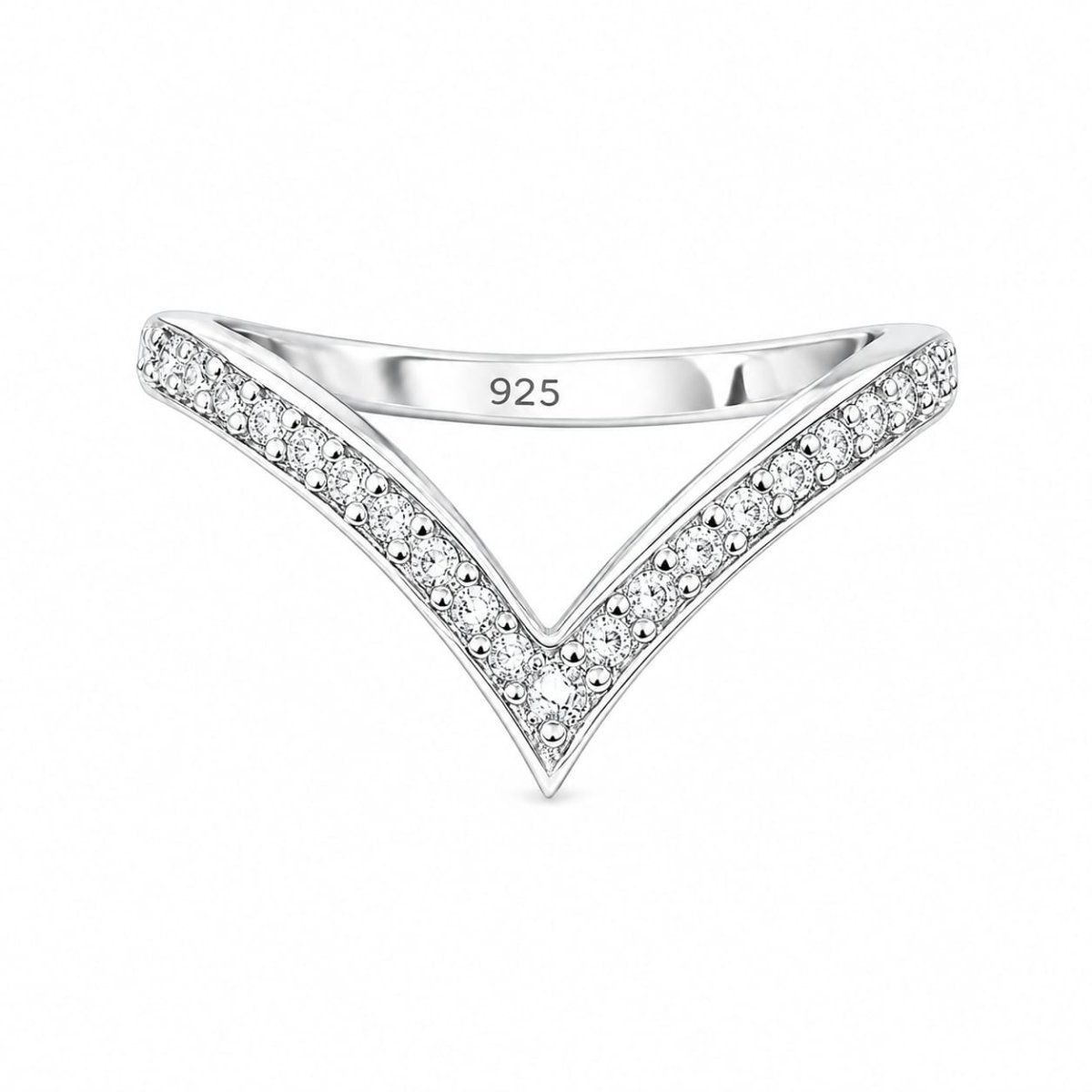 925 Sterling Silver V Ring for Women | Rhodium Polished | Super Glossy CZ Stone Ring