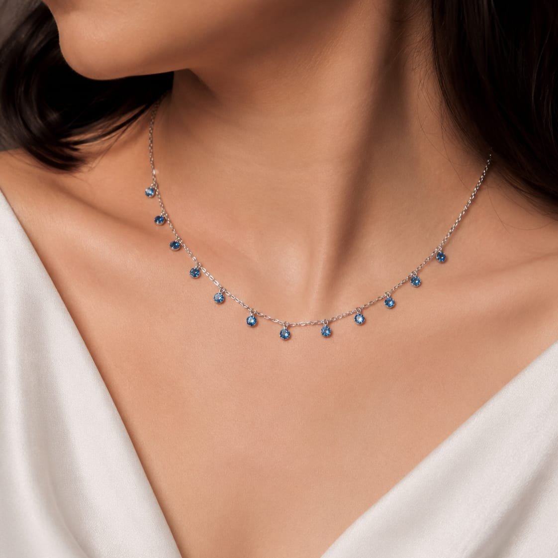 925 Sterling Silver Minimalist Blue Stone Drop Necklace for Women & Girls